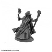 Kelainen Darkmantle, Wizard - Dark gray miniature of a wizard with long beard, wide-brimmed hat, flowing cloak, holding a staff topped with a skull in one