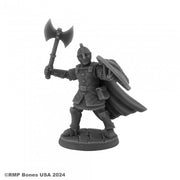 Sir Rudolf, Heroic Fighter - Gray plastic miniature of a medieval knight wielding a battle axe and shield, wearing a helmet and cape on a round base.
