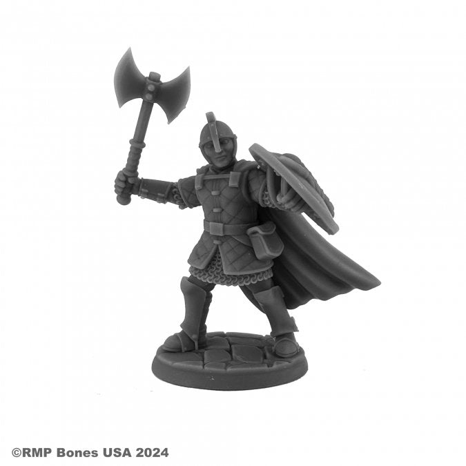 Sir Rudolf, Heroic Fighter - Gray plastic miniature of a medieval knight wielding a battle axe and shield, wearing a helmet and cape on a round base.