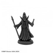 Burnardo, Heroic Wizard - Matte black miniature wizard figurine wearing a long robe and pointed hat, holding a staff and a scroll.