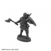 Elmrin, Henchman - Dark gray plastic miniature of a medieval henchman holding an axe and shield, wearing chainmail armor and helmet.