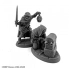 Teamwork, Fighter Rogue Vignette - Gray unpainted miniature vignette of a knight with sword and lantern behind a hooded rogue kneeling by a treasure chest.