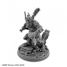 Garravank the Ghoul King - Gray plastic miniature of a muscular goblin king wearing a crown and loincloth, wielding a spiked club and standing on a.