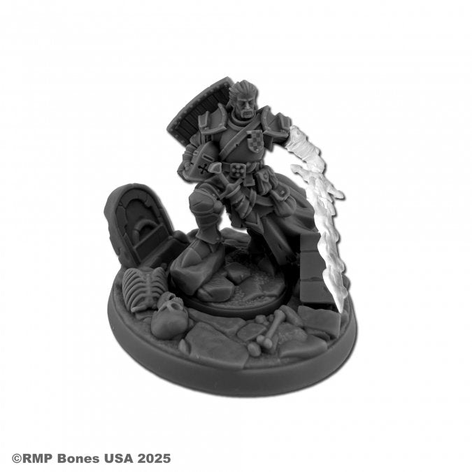 Sir Toren Mael, Kingslyre Knight - Dark gray fantasy knight miniature wielding a large flaming sword, standing on a rubble-strewn base with debris and broken.