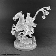 Sir Calred, Ghost Champion - Translucent ghostly knight with a crown wielding a star-emitting chain, mounted on a rearing horse.
