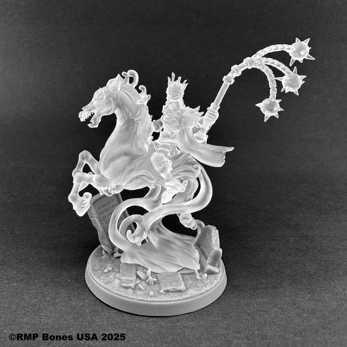 Sir Calred, Ghost Champion - Translucent ghostly knight with a crown wielding a star-emitting chain, mounted on a rearing horse.