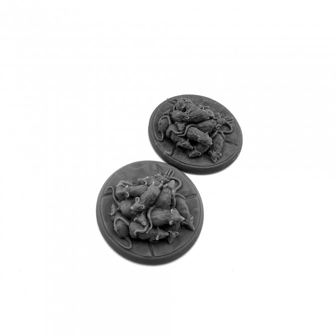 Rat Swarm - Two round black miniature bases featuring detailed sculpted rats in dynamic poses.