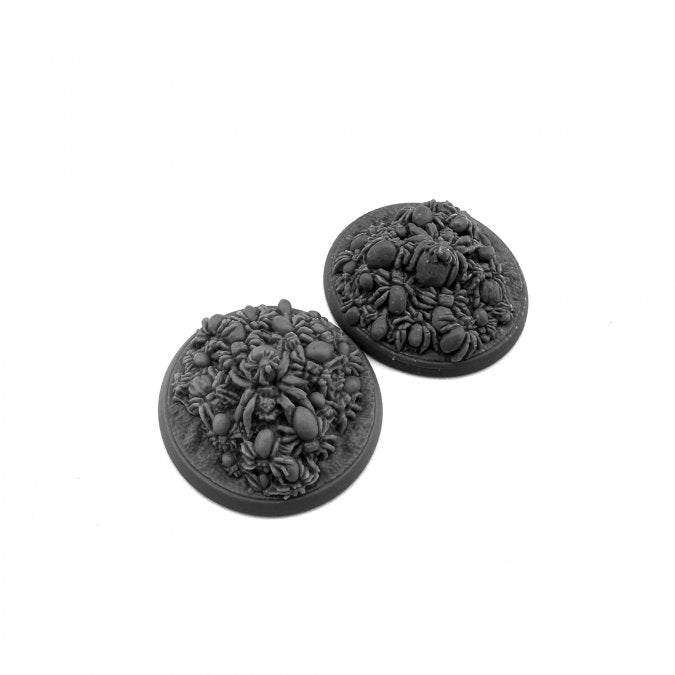 Insect Swarm - Round black resin bases textured with a dense swarm of sculpted insects and spiders.