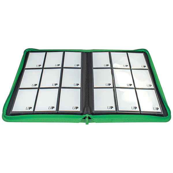 Ultra Pro 9-Pocket Zippered Binder: Vivid - Green (PREORDER) - Green zippered binder open to reveal two pages of nine clear plastic card pockets each, designed for trading card storage.