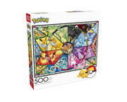 Pokémon Puzzle - Eevee's Stained Glass (500 Piece) (PREORDER) - 500-piece Pokémon puzzle featuring Eevee and its evolutions in colorful stained glass style.