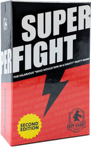 SUPERFIGHT - Superfight party game box with bold black, white, and red design and lightning bolt graphic.