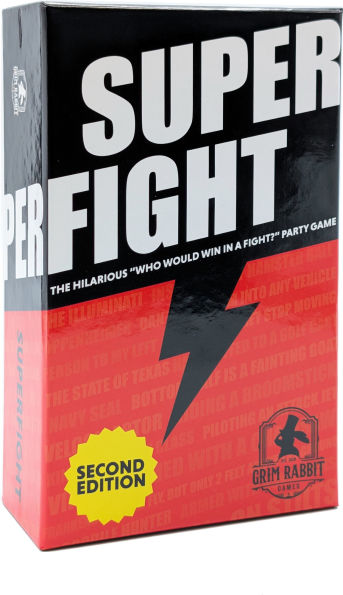 SUPERFIGHT - Superfight party game box with bold black, white, and red design and lightning bolt graphic.