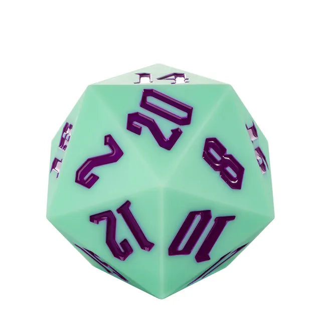 Giant Bouncy D20 - Light Green - Light green giant bouncy 20-sided die with large purple numbers.