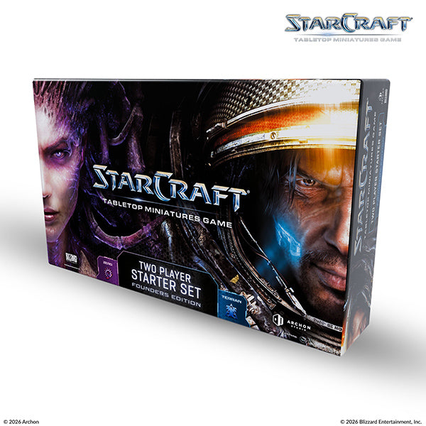 StarCraft TMG: Two-Player Starter Set Founders Edition - StarCraft TMG Two-Player Starter Set box with purple and metallic orange sci-fi character faces on dark background.