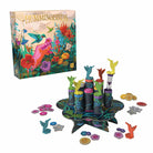 Hummingbirds (PREORDER) - Colorful board game with tall cylindrical towers and hummingbird-shaped game pieces on a floral-patterned circular base.