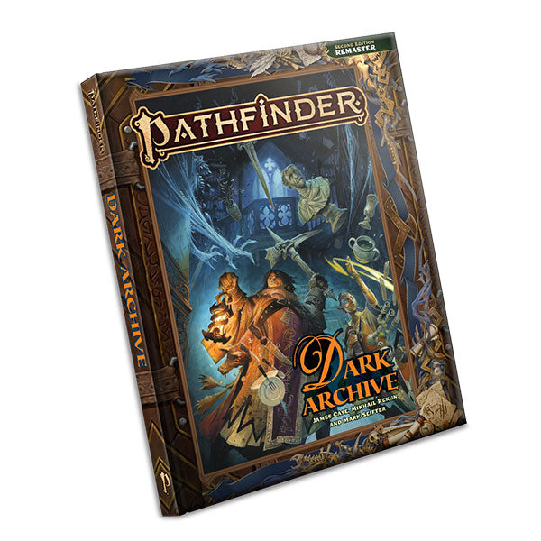 Pathfinder 2E: Dark Archive (Remastered) - Hardcover Pathfinder 2E book showing adventurers in a dark, mysterious cavern with magical and skeletal elements, framed by.