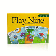 Play Nine- The Card Game of Golf - Yellow rectangular box of Play Nine card game with colorful illustrated golf-themed cards fanned out in front.