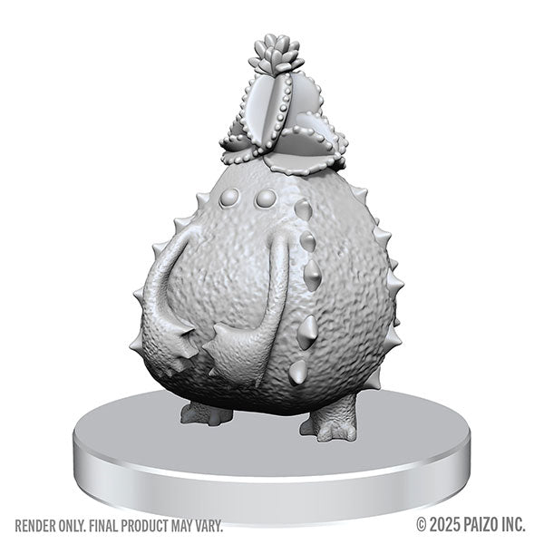 Pathfinder Battles Deep Cuts Miniatures: Gourd Leshy and Cactus Leshy (PREORDER) - Unpainted gray miniature of a bulbous, spiky creature with a textured surface and small legs on a round base.