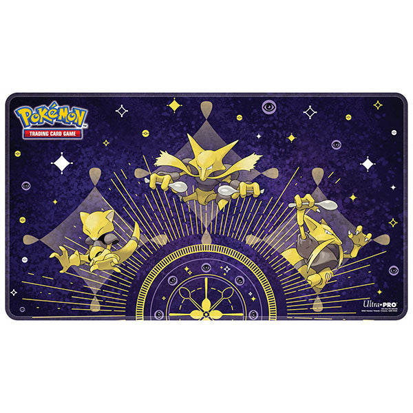 Playmat: Pokemon- Stitched Abra Evolutions - Rectangular dark purple playmat featuring embroidered yellow Pokémon Abra, Kadabra, and Alakazam evolutions with cosmic star