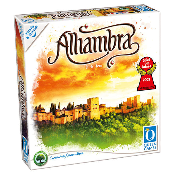 Alhambra: Family & Friends (PREORDER) - Alhambra board game box featuring a golden-yellow illustration of the Alhambra palace with green trees and a sunset sky.