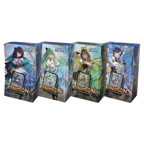 Grand Archive TCG: Radiant Origins Pantheon Deck Set (4 Decks) - Set of four Grand Archive TCG Radiant Origins Pantheon deck boxes, each featuring unique character artwork and vibrant.