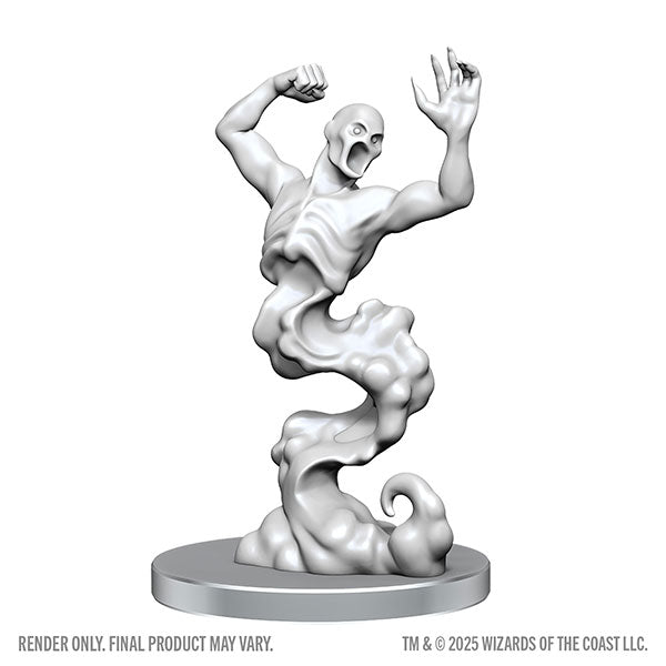 D&D Nolzur's Marvelous Miniatures: Classic Wight & Classic Wraith (PREORDER) - Unpainted gray resin miniature of a ghostly wraith with flowing, tattered lower body and raised clawed hands on a round base.