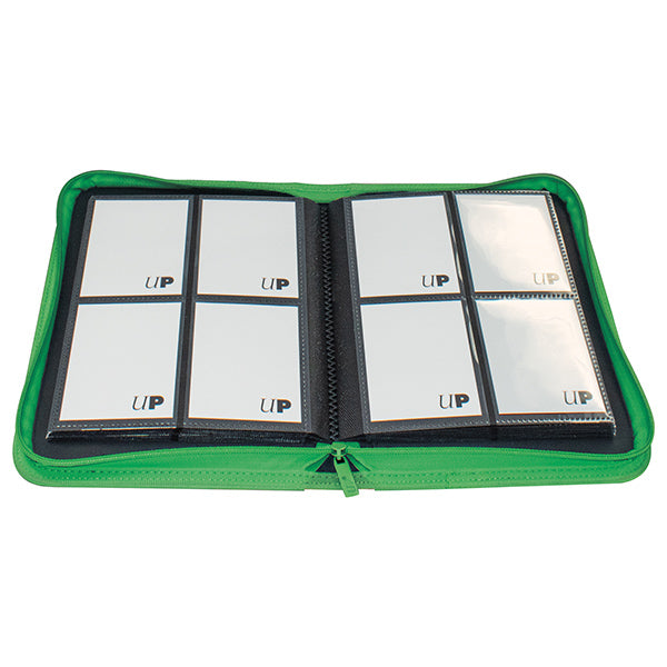 Ultra Pro 4-Pocket Zippered Binder: Vivid - Green (PREORDER) - Bright green zippered binder open to reveal clear 4-pocket pages for card storage.