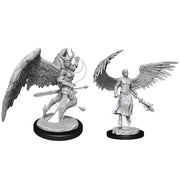 D&D Nolzur's Marvelous Miniatures: Deva & Erinyes - Unpainted gray resin miniatures of a horned Erinyes wielding a whip and a serene Deva with outstretched wings and staff,.