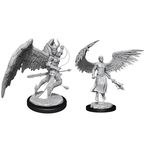 D&D Nolzur's Marvelous Miniatures: Deva & Erinyes - Unpainted gray resin miniatures of a horned Erinyes wielding a whip and a serene Deva with outstretched wings and staff,.