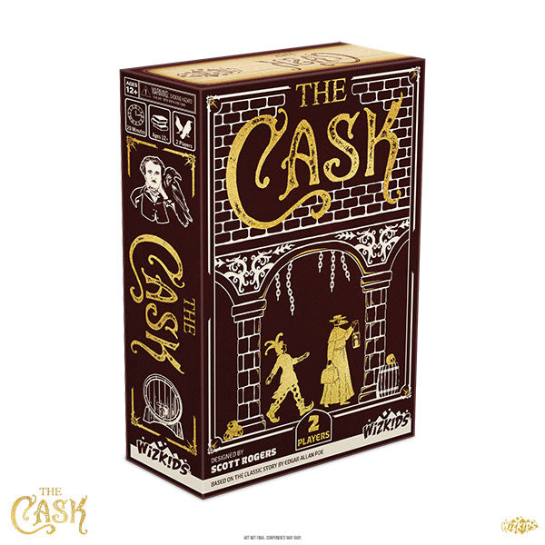 The Cask (PREORDER) - Rectangular board game box with vintage design, titled "The Cask," featuring dark brown and gold colors, old-fashioned.