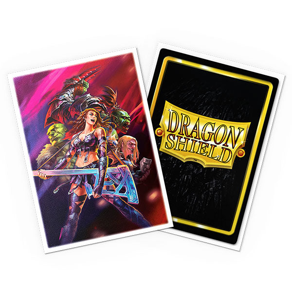 Dragon Shield Art Sleeves 100ct - Flesh & Blood Super Slam - 100-count card sleeves featuring fantasy warrior artwork on front and Dragon Shield logo on black and gold back.