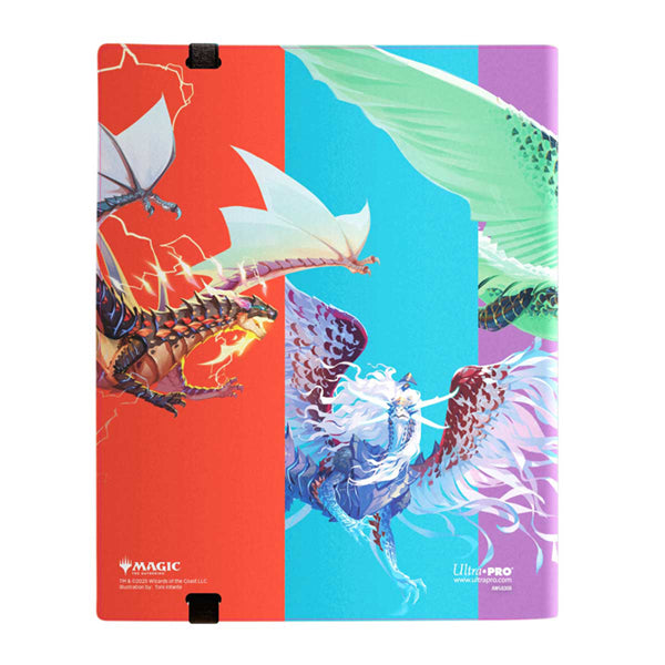 Binder PRO 9-Pocket - Tarkir Dragonstorm - Prerelease Key Artwork - Colorful 9-pocket binder with vibrant Tarkir Dragonstorm artwork featuring dragons in red, blue, and purple panels.