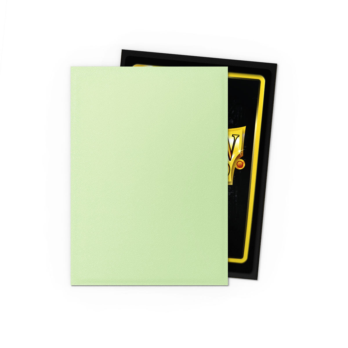 Dragon Shield Dual Sleeves 100ct Box - Matte Gooseberry - Matte gooseberry green dual-layer card sleeves partially covering a game card with a black and yellow border.