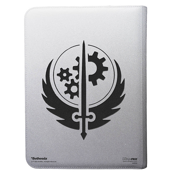 Binder: PRO 9-Pocket Zippered- Fallout- Brotherhood of Steel - White zippered binder with black Brotherhood of Steel gear and sword emblem on front cover.