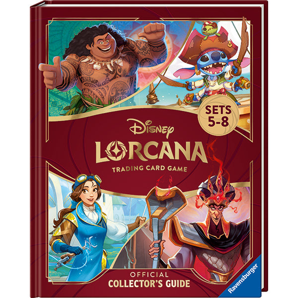 Disney Lorcana: Official Collector's Guide- Sets 5-8 - Hardcover guidebook with red cover featuring colorful Disney Lorcana characters and gold foil title text.