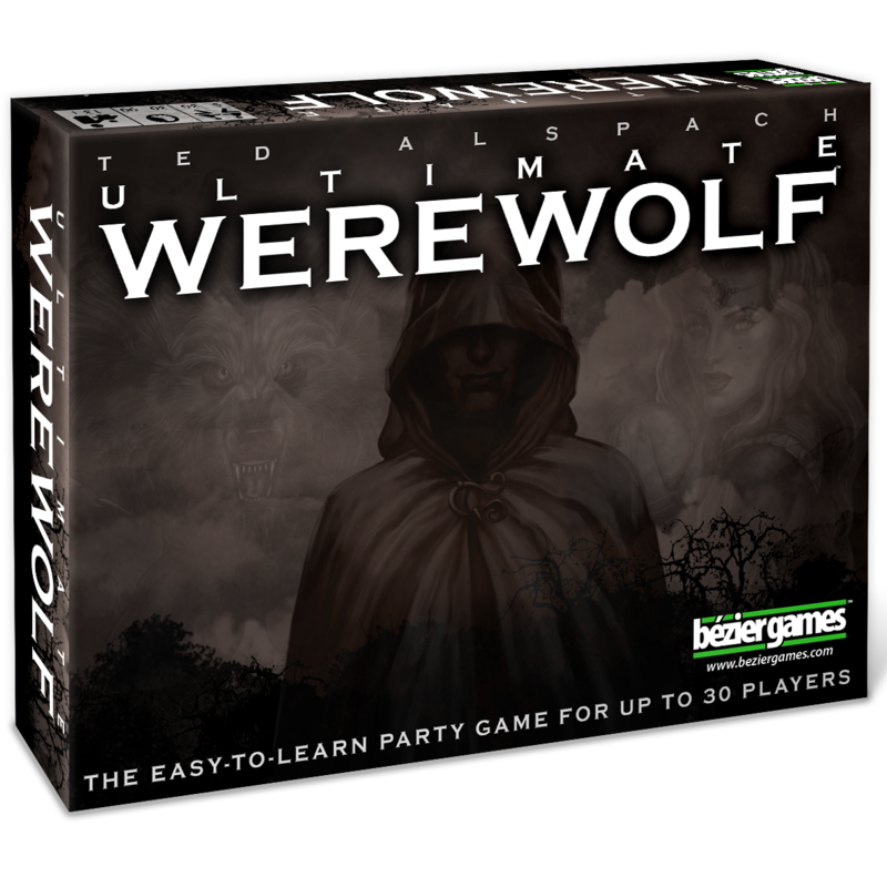 Ultimate Werewolf Revised (PREORDER) - Black game box featuring a cloaked figure with a shadowy werewolf background and bold white "Ultimate Werewolf" text.