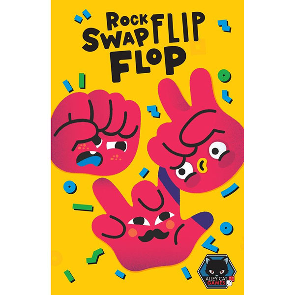Rock Swap Flip Flop (PREORDER) - Bright yellow game box with playful red hand characters showing rock, paper, scissors on front.