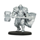 Vallejo True Metallic Metal Light: Sterling Silver (18ml) - Unpainted metallic silver miniature knight with detailed armor wielding a large double-headed hammer and shield on a round.