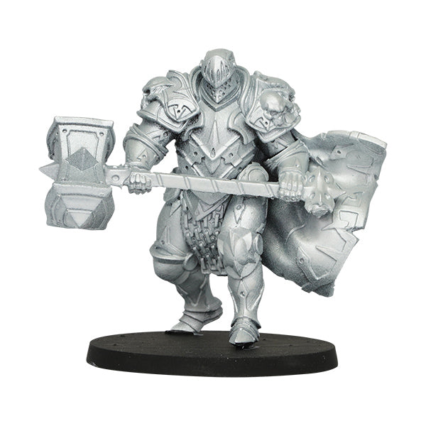 Vallejo True Metallic Metal Light: Sterling Silver (18ml) - Unpainted metallic silver miniature knight with detailed armor wielding a large double-headed hammer and shield on a round.