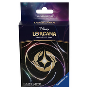 Lorcana TCG: Branded Sleeves - Pack of 65 black matte card sleeves featuring a gold Lorcana emblem and subtle swirling light effects.
