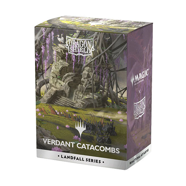 Dragon Shield Standard Dual Matte Art Sleeves 100ct - MTG Landfall Series - Verdant Catacombs (PREORDER) - Box of Dragon Shield Standard Dual Matte Art Sleeves featuring green and gray Verdant Catacombs forest artwork from MTG.