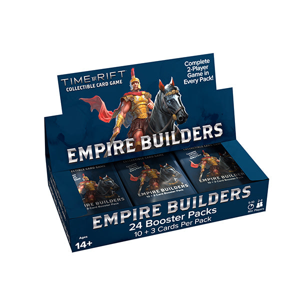 Time Rift CCG: Empire Builders Booster Box Display, Alpha Shadow Run (PREORDER) - Dark blue booster box display for Time Rift CCG Empire Builders with illustrated warrior and horse, featuring 24 booster.