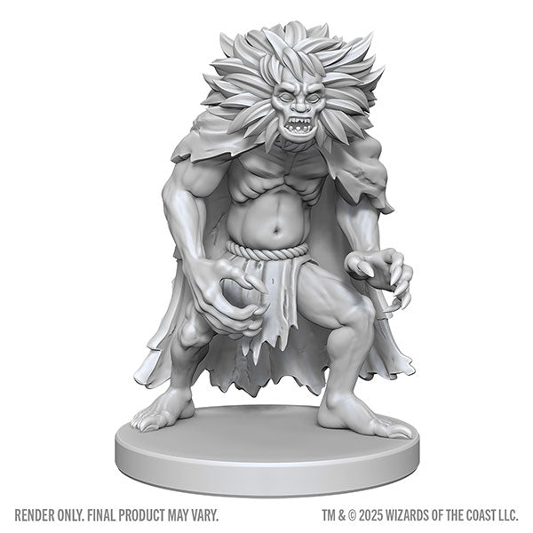 D&D Nolzur's Marvelous Miniatures: Classic Wight & Classic Wraith (PREORDER) - Gray plastic tabletop miniature of a snarling undead creature with spiky hair, tattered cloak, and clawed hands on a round.