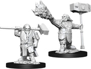 D&D Nolzur's Marvelous Miniatures: Male Dwarf Cleric - Unpainted miniature of male dwarf cleric wielding a warhammer and casting a spell, detailed armor and robes on black base.