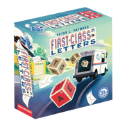 First Class Letters - Colorful board game box titled First Class Letters with red, blue, and yellow dice showing letters and a mail truck.
