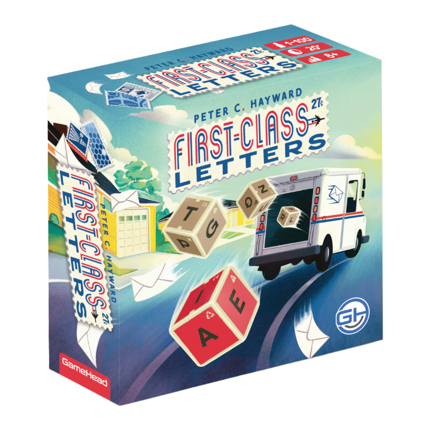 First Class Letters - Colorful board game box titled First Class Letters with red, blue, and yellow dice showing letters and a mail truck.