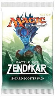Magic: The Gathering - Battle for Zendikar Booster Pack - The Gathering Battle for Zendikar booster pack featuring blue-skinned fantasy character with fiery hair on green and white.