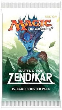 Magic: The Gathering - Battle for Zendikar Booster Pack - The Gathering Battle for Zendikar booster pack featuring blue-skinned fantasy character with fiery hair on green and white.