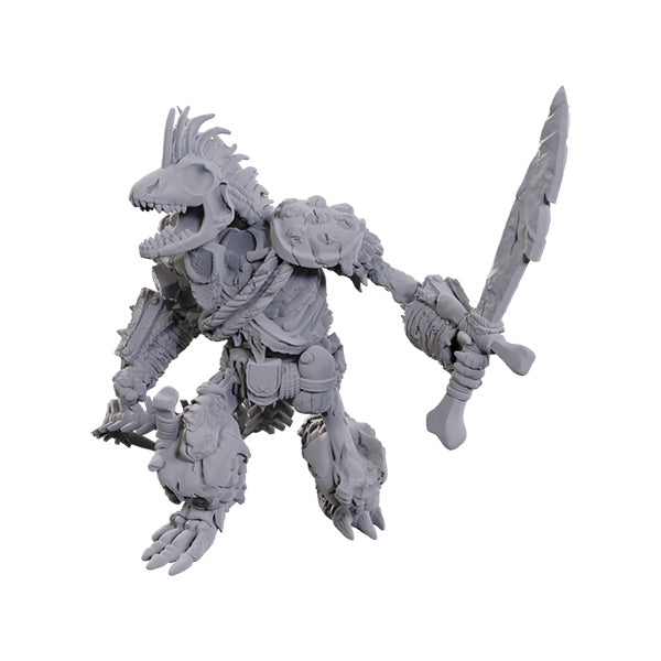 D&D Nolzur's Marvelous Miniatures: Lizardfolk Skeleton - Gray plastic miniature of a skeletal lizardfolk warrior wielding a jagged sword with bone armor details.