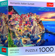 Puzzle: Romantic Italian Sunset 1000 Piece (PREORDER) - Colorful coastal village on rocky cliffs at sunset, vibrant blues, oranges, and pinks, 1000-piece puzzle box.